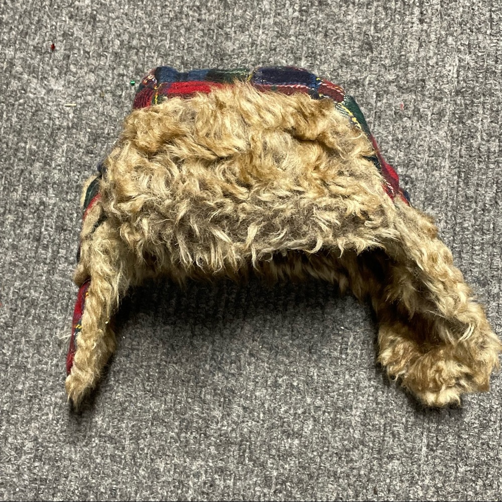 Gap kids red, blue and green plaid, faux fur lined winter trapper hat-S/M